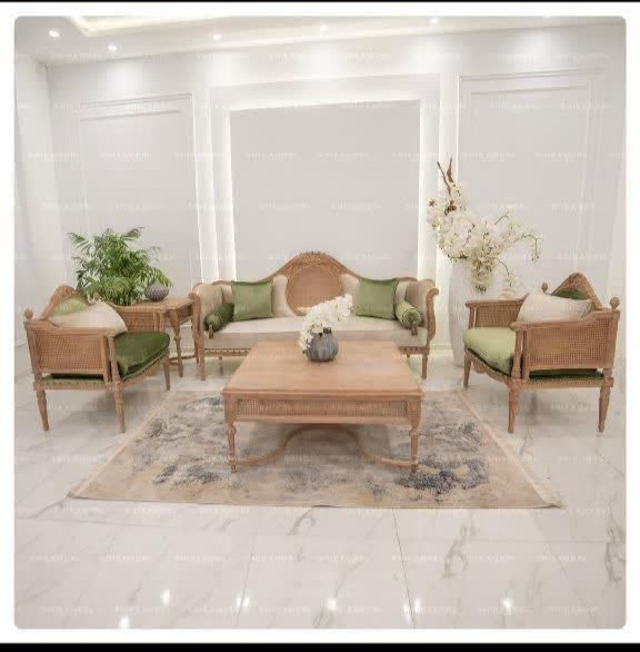 مدل مبل کاجی حصیری 7 نفره با میز جلو مبلی و عسلی
